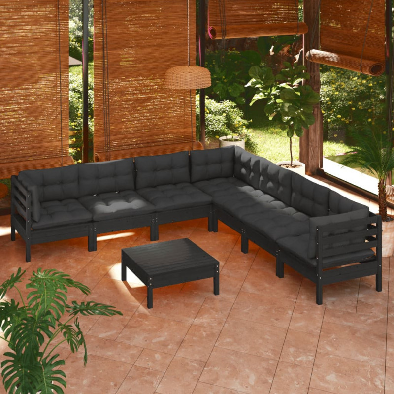 8-tlg. Garten-Lounge-Set mit Kissen Schwarz Massivholz Kiefer