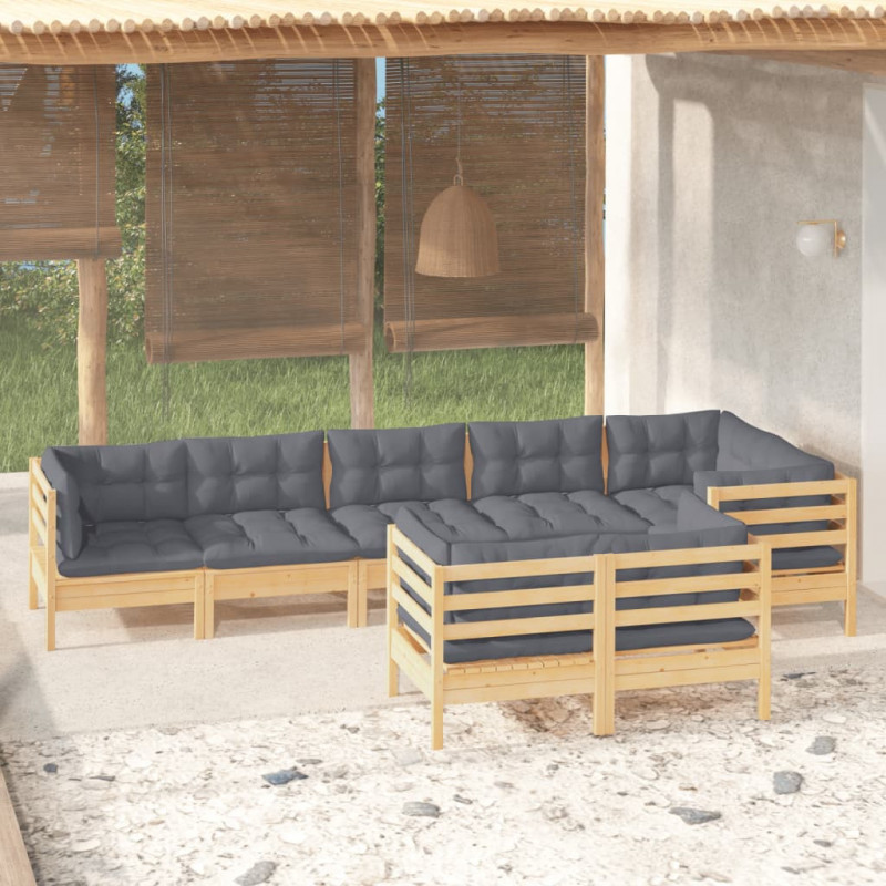 8-tlg. Garten-Lounge-Set mit Grauen Kissen Kiefer Massivholz