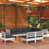 9-tlg. Garten-Lounge-Set mit Kissen Weiß Kiefer Massivholz