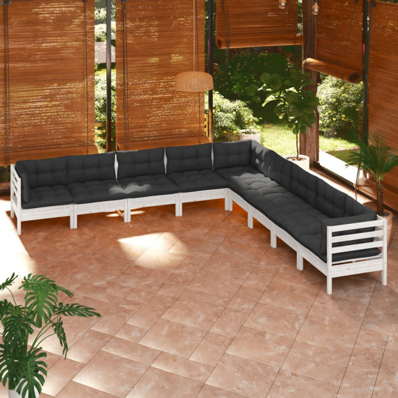 9-tlg. Garten-Lounge-Set mit Kissen Weiß Kiefer Massivholz