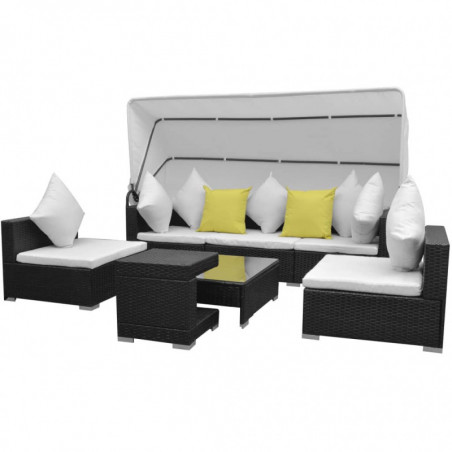 7-tlg. Garten-Lounge-Set Nikola mit Sonnendach Poly Rattan Schwarz