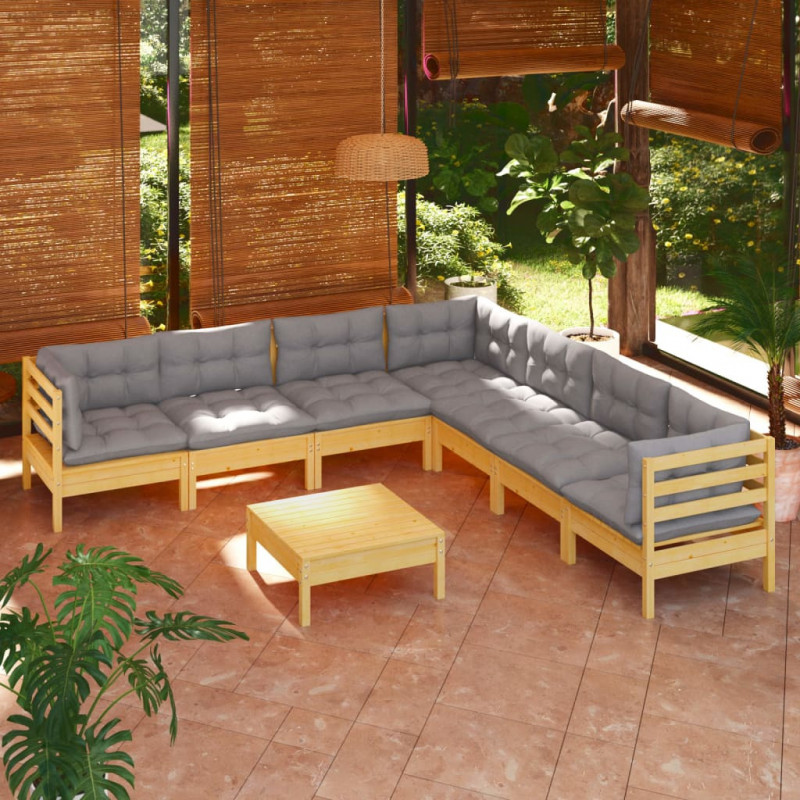 8-tlg. Garten-Lounge-Set mit Grauen Kissen Kiefer Massivholz