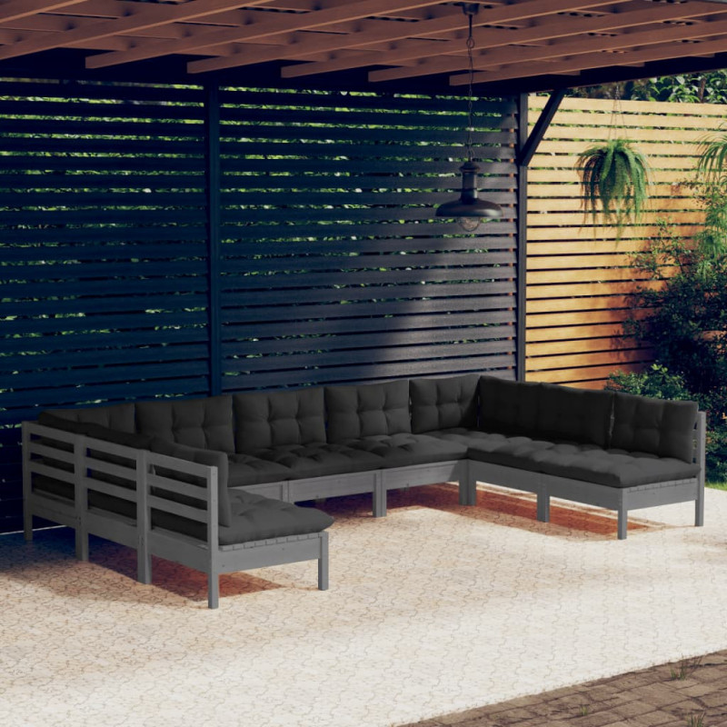 9-tlg. Garten-Lounge-Set mit Kissen Grau Kiefer Massivholz