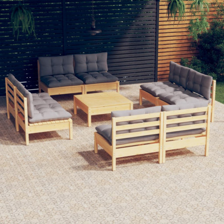 9-tlg. Garten-Lounge-Set mit Grauen Kissen Kiefernholz