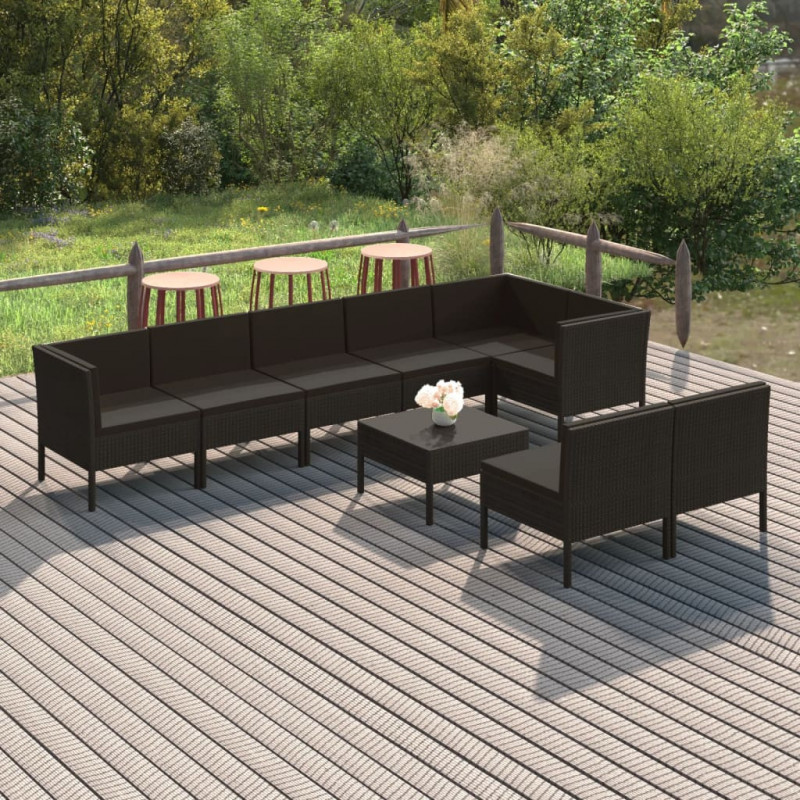 9-tlg. Garten-Lounge-Set mit Auflagen Poly Rattan Schwarz