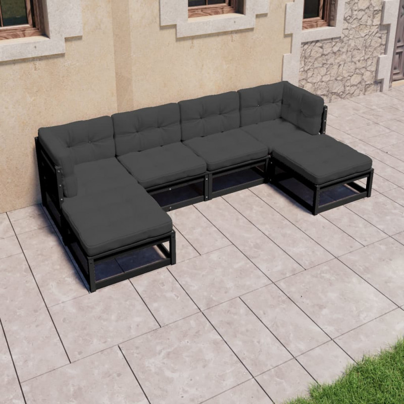 6-tlg. Garten-Lounge-Set mit Kissen Schwarz Massivholz Kiefer