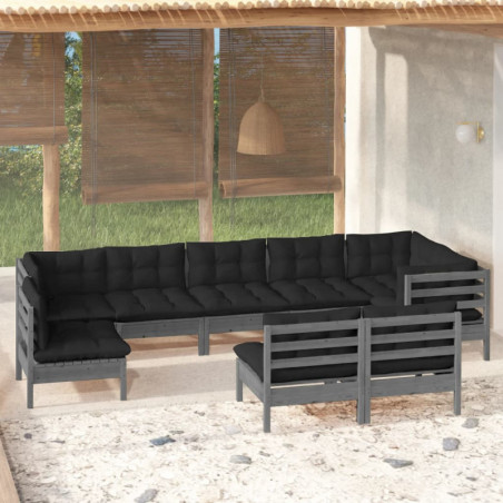9-tlg. Garten-Lounge-Set mit Kissen Grau Kiefer Massivholz