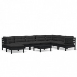 9-tlg. Garten-Lounge-Set mit Kissen Schwarz Kiefer Massivholz