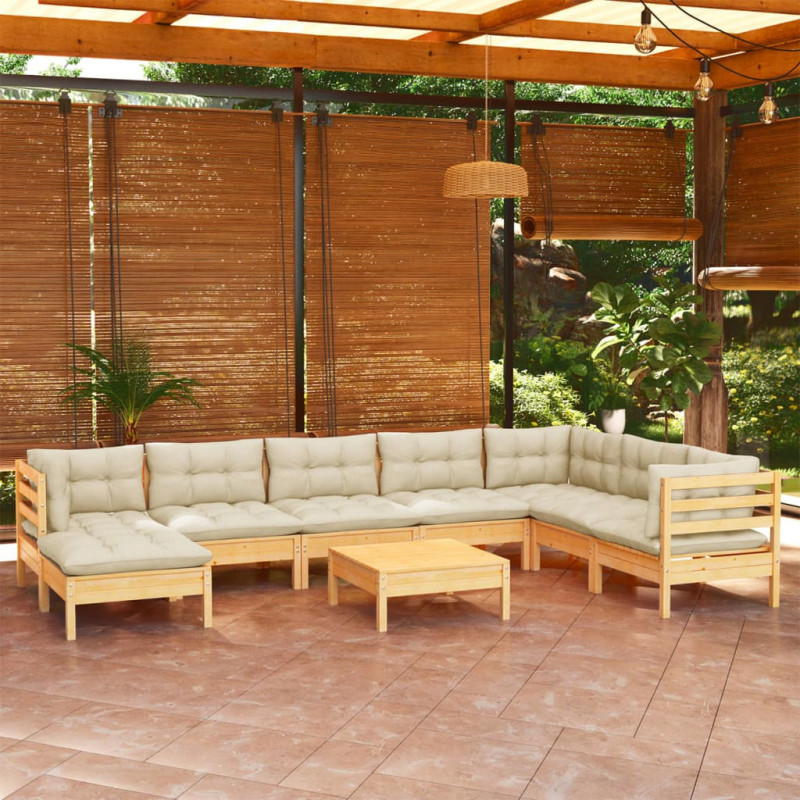 9-tlg. Garten-Lounge-Set mit Creme Kissen Massivholz Kiefer