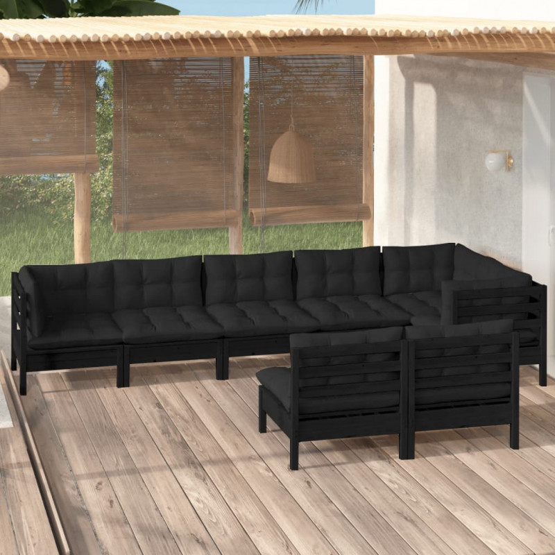 8-tlg. Garten-Lounge-Set mit Kissen Schwarz Massivholz Kiefer