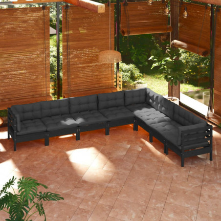 8-tlg. Garten-Lounge-Set mit Kissen Schwarz Massivholz Kiefer