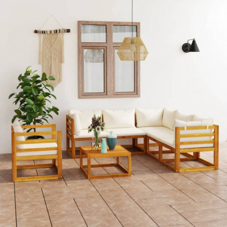 7-tlg. Garten-Lounge-Set mit Auflagen Creme Massivholz Akazie