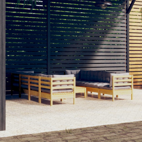 9-tlg. Garten-Lounge-Set mit Grauen Kissen Kiefer Massivholz