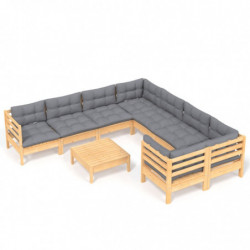 9-tlg. Garten-Lounge-Set mit Grauen Kissen Kiefernholz