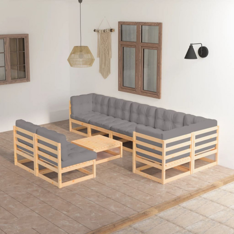 9-tlg. Garten-Lounge-Set mit Kissen Massivholz Kiefer