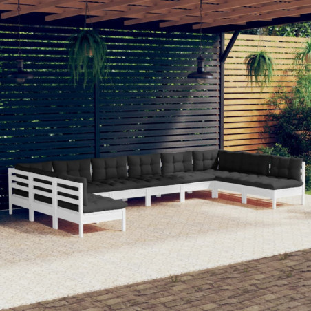 10-tlg. Garten-Lounge-Set mit Kissen Weiß Kiefer Massivholz