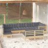 9-tlg. Garten-Lounge-Set mit Grauen Kissen Kiefer Massivholz