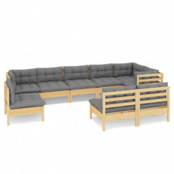 9-tlg. Garten-Lounge-Set mit Grauen Kissen Kiefer Massivholz