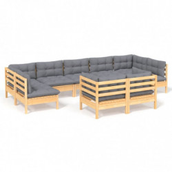 9-tlg. Garten-Lounge-Set mit Grauen Kissen Kiefer Massivholz