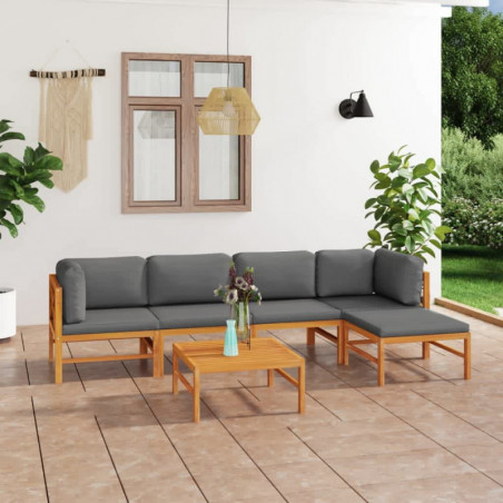 6-tlg. Garten-Lounge-Set mit Grauen Kissen Massivholz Teak