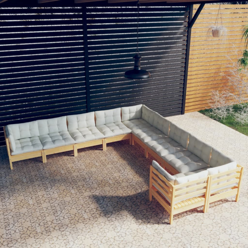 10-tlg. Garten-Lounge-Set mit Creme Kissen Kiefernholz