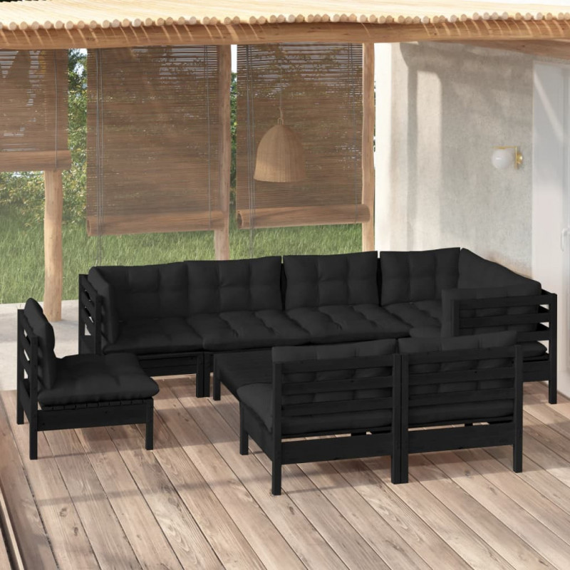 9-tlg. Garten-Lounge-Set mit Kissen Schwarz Massivholz Kiefer