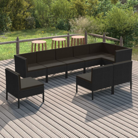 9-tlg. Garten-Lounge-Set mit Auflagen Poly Rattan Schwarz