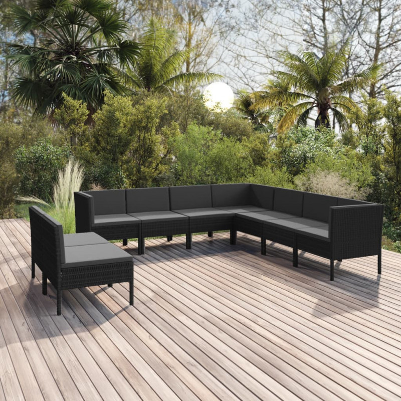 9-tlg. Garten-Lounge-Set mit Auflagen Poly Rattan Schwarz