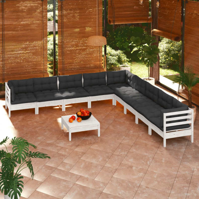 10-tlg. Garten-Lounge-Set mit Kissen Weiß Kiefer Massivholz