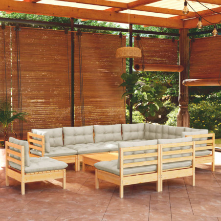 10-tlg. Garten-Lounge-Set mit Creme Kissen Massivholz Kiefer