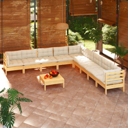 10-tlg. Garten-Lounge-Set mit Creme Kissen Massivholz Kiefer