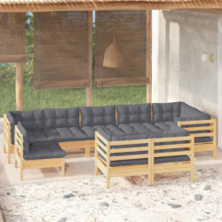 9-tlg. Garten-Lounge-Set mit Grauen Kissen Kiefer Massivholz