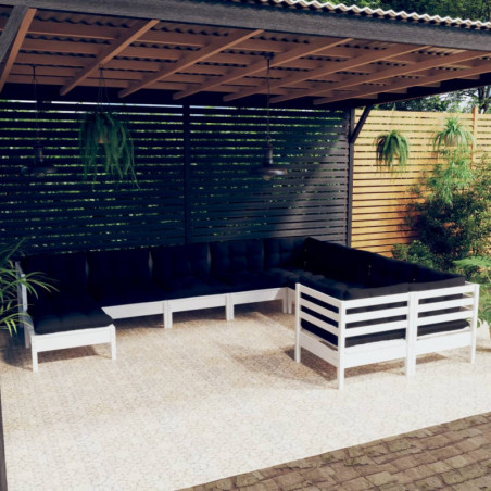 10-tlg. Garten-Lounge-Set mit Kissen Weiß Kiefernholz