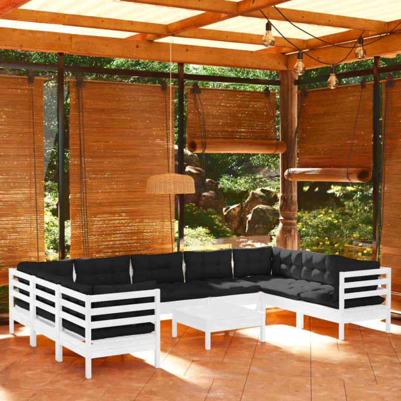 10-tlg. Garten-Lounge-Set mit Kissen Weiß Kiefernholz