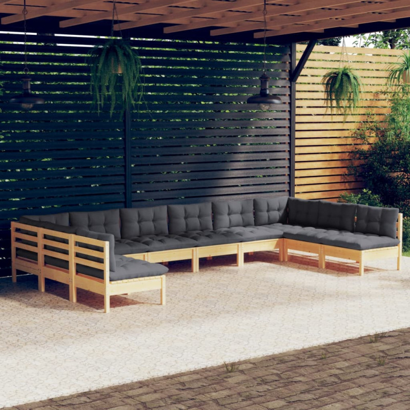 10-tlg. Garten-Lounge-Set mit Grauen Kissen Kiefer Massivholz