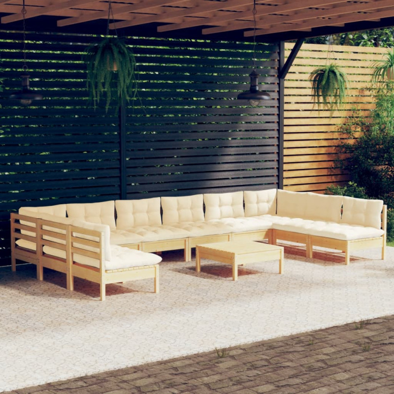 11-tlg. Garten-Lounge-Set mit Creme Kissen Massivholz Kiefer