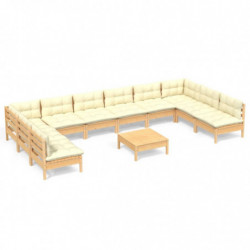 11-tlg. Garten-Lounge-Set mit Creme Kissen Massivholz Kiefer