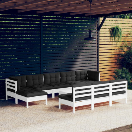 11-tlg. Garten-Lounge-Set mit Kissen Weiß Kiefernholz