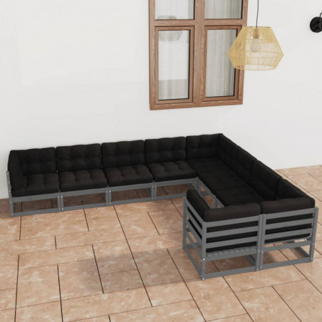 9-tlg. Garten-Lounge-Set mit Kissen Grau Kiefer Massivholz