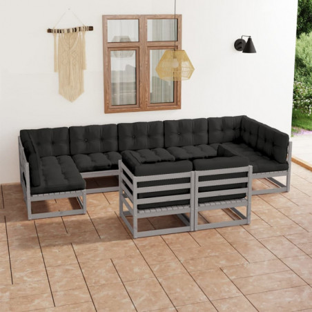 9-tlg. Garten-Lounge-Set mit Kissen Grau Kiefer Massivholz