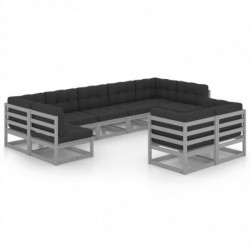 9-tlg. Garten-Lounge-Set mit Kissen Grau Kiefer Massivholz