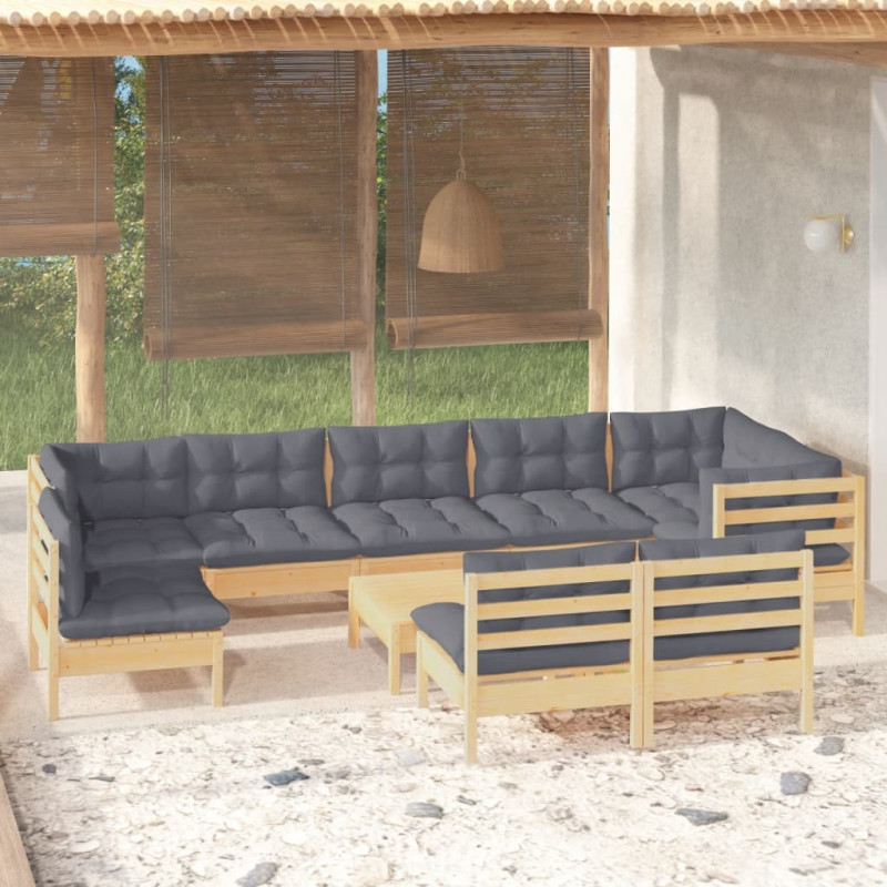 10-tlg. Garten-Lounge-Set mit Grauen Kissen Kiefer Massivholz