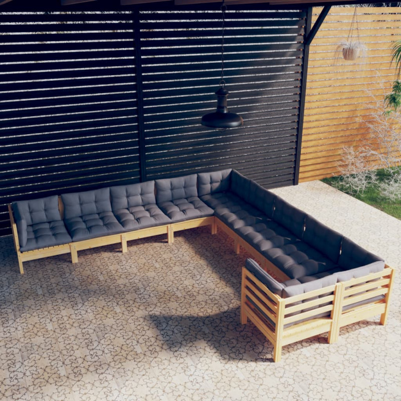 10-tlg. Garten-Lounge-Set mit Grauen Kissen Kiefernholz