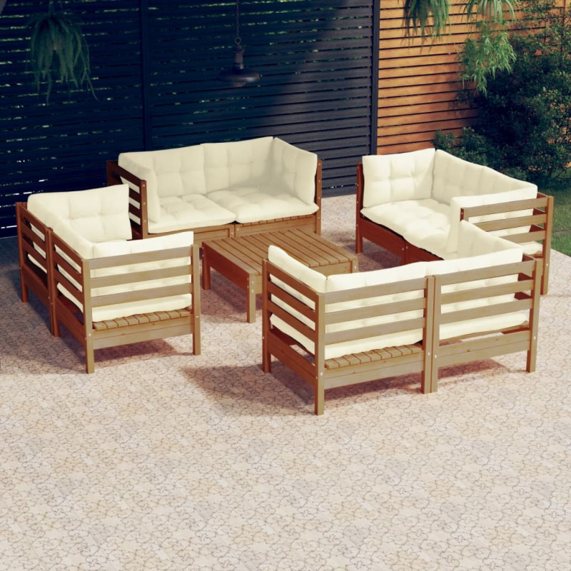 9-tlg. Garten-Lounge-Set mit Creme Kissen Kiefernholz