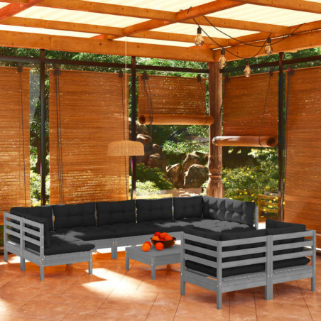 10-tlg. Garten-Lounge-Set mit Kissen Grau Kiefer Massivholz