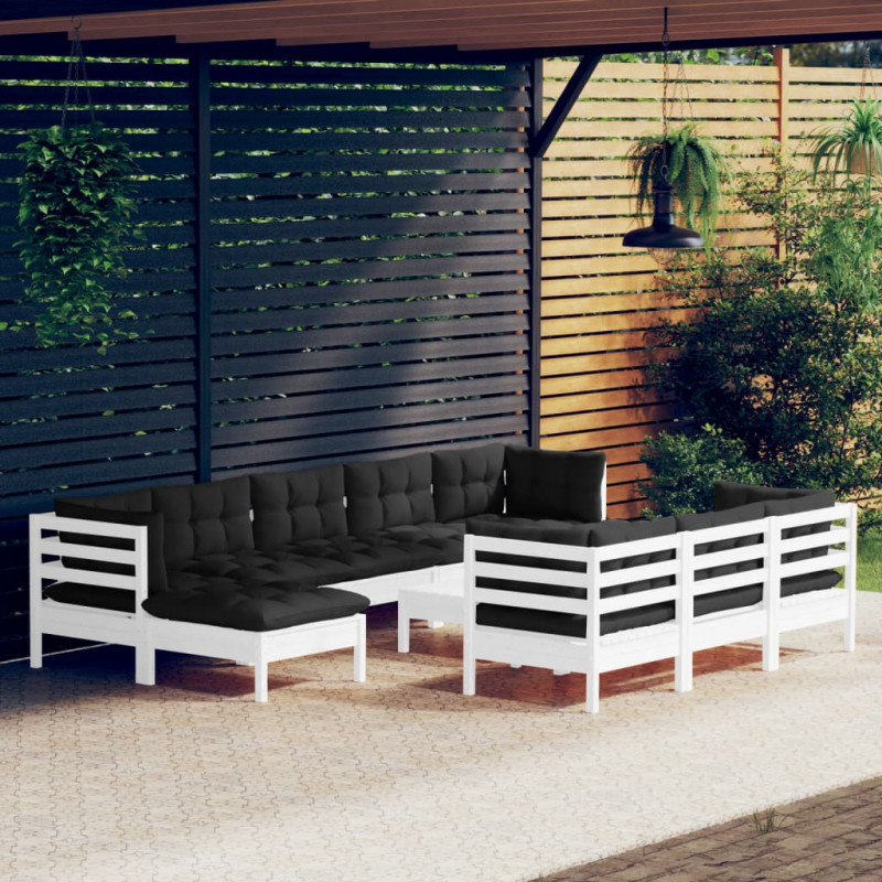 11-tlg. Garten-Lounge-Set mit Kissen Weiß Kiefer Massivholz