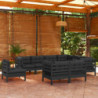 9-tlg. Garten-Lounge-Set mit Kissen Schwarz Kiefer Massivholz