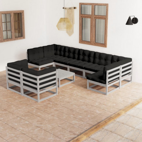 10-tlg. Garten-Lounge-Set mit Kissen Grau Kiefer Massivholz