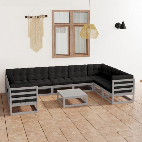 10-tlg. Garten-Lounge-Set mit Kissen Grau Massivholz Kiefer