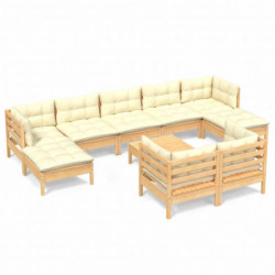 10-tlg. Garten-Lounge-Set mit Creme Kissen Massivholz Kiefer